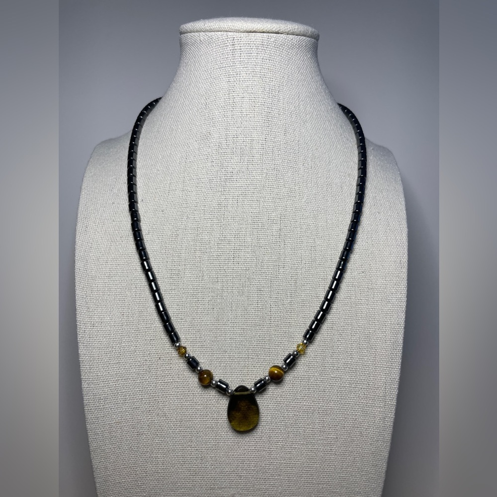 “I’m Here to Stay” Hematite and Tigers Eye Necklace with Smokey Quartz Focal